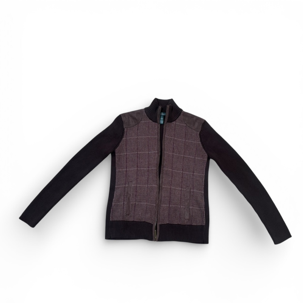 LRL Ralph Lauren Medium Zip Up Brown Long Sleeve Houndstooth Ribbed Sweater
